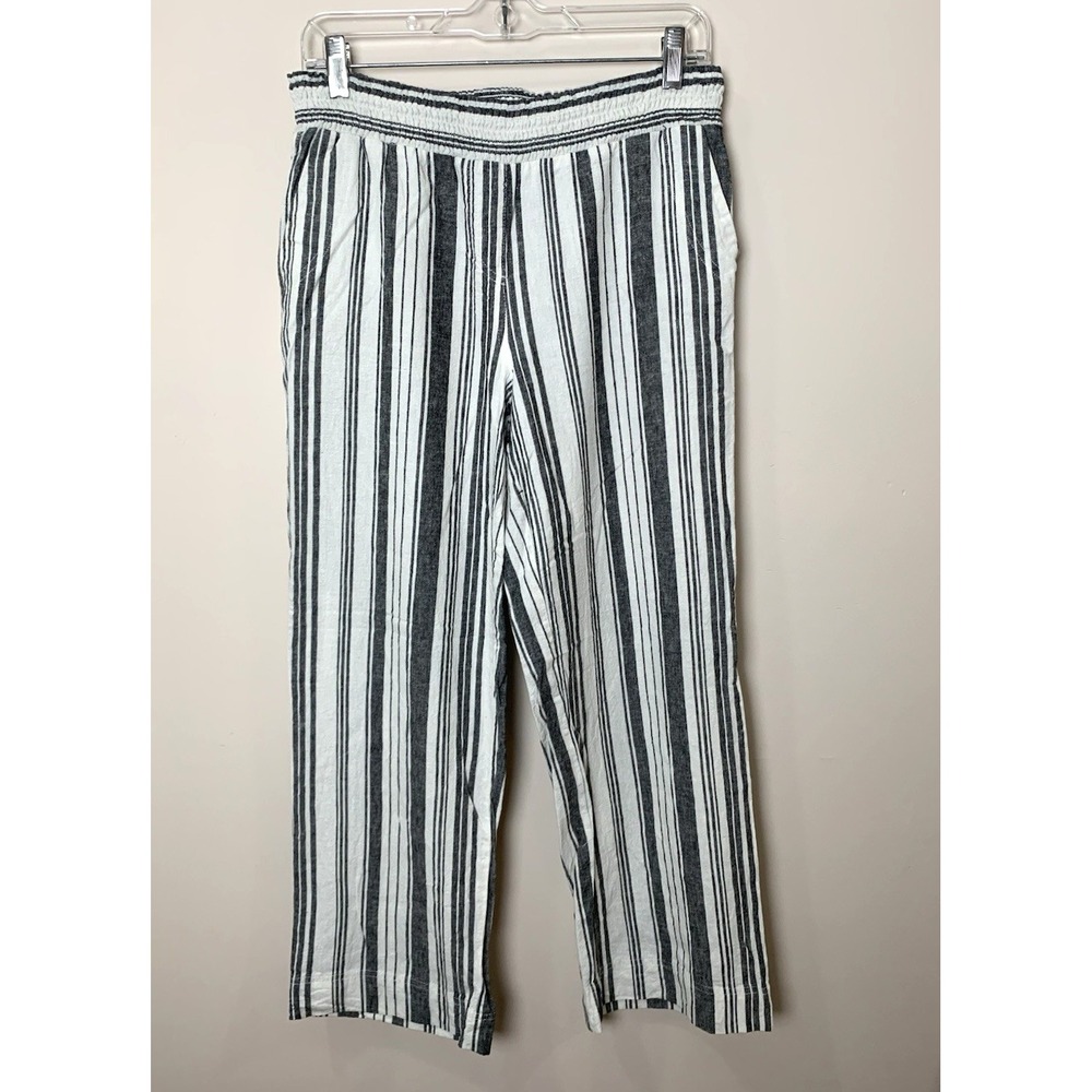 Land n Sea Linen Blend Pants Womens Small Black Ivory Striped Ankle Smocked